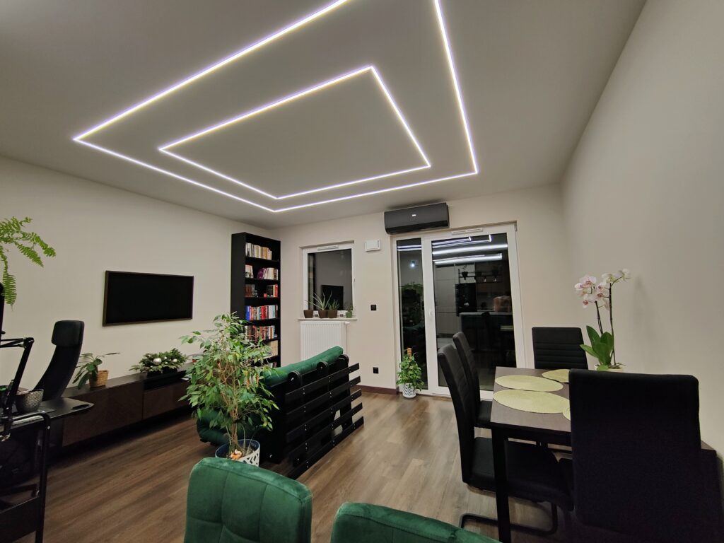 Wykończenie pokoju, sufit z Led, kanapa, telewizor, klimatyzacja, stół z krzesłami, kwiaty