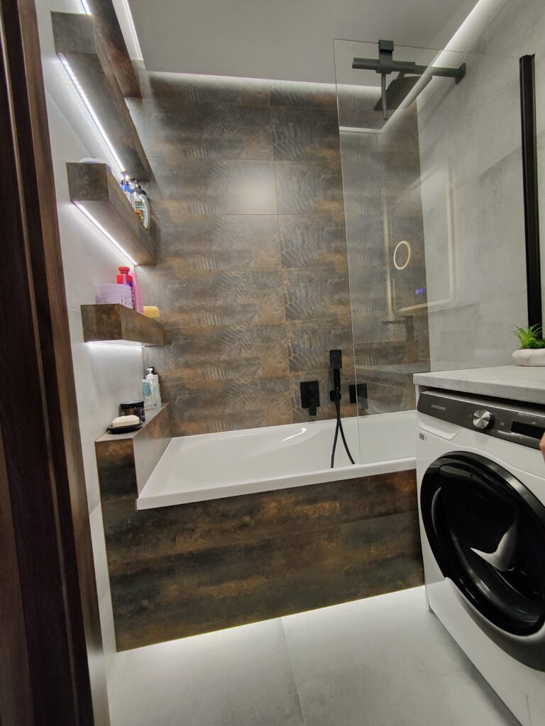 Wykończenie łazienki, wanna, płytki, Ledy,półki z płytek, pralka,parawan nad wanną, bateria wannowa